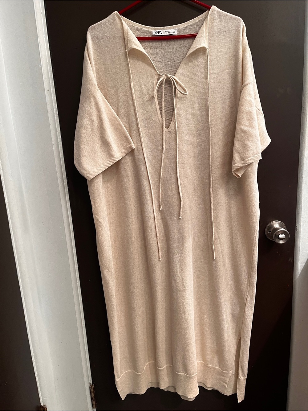 Zara Beige Tie-Front Midi Knit Dress